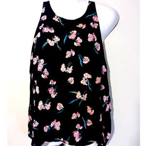 Gap Women Size M Black Pink Watercolor Flower Sleeveless Top With Keyhole Back